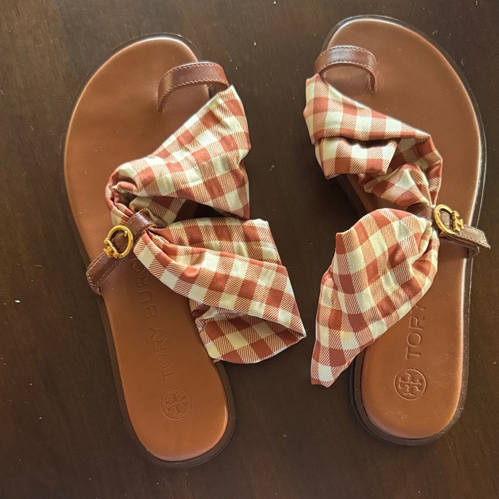 Tory Burch Brown and Red Checkered Sandals